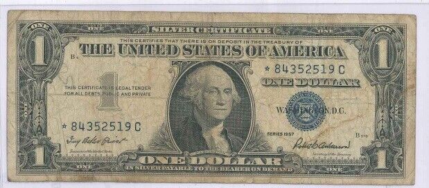 US $1.00 Star Note 1957 Silver Certificate Est VG Cond with Motto Blue Serial