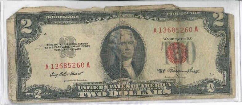 US $2.00 Note 1953 Red Serial & Seal est Good Condition $5 Ship