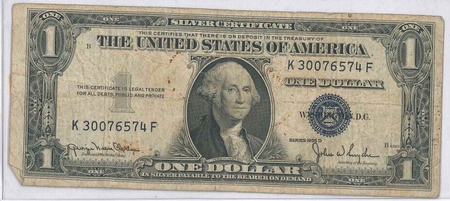 United States $1.00 Note Silver Certificate 1935-D Very Good Condition $5 Ship