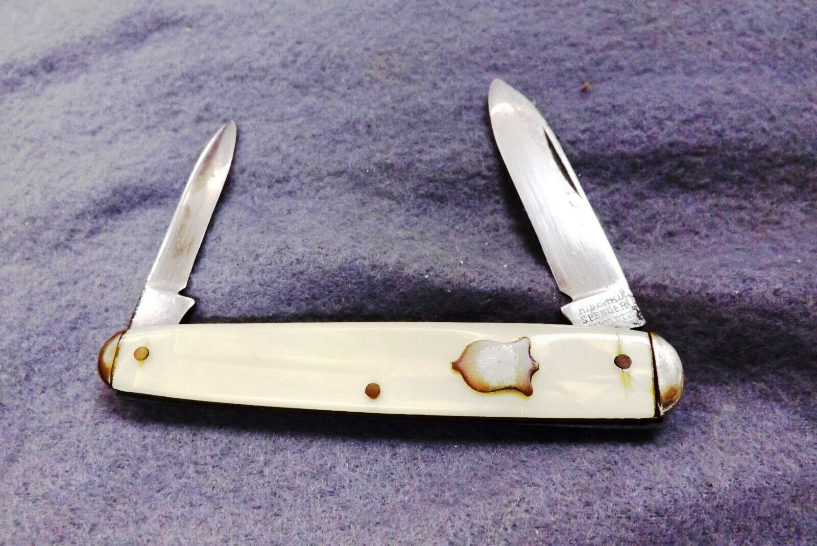 1930s Hibbard Spencer Bartlett 2 Blade Jack Pocket Knife Blem Imit. Pearl Handle