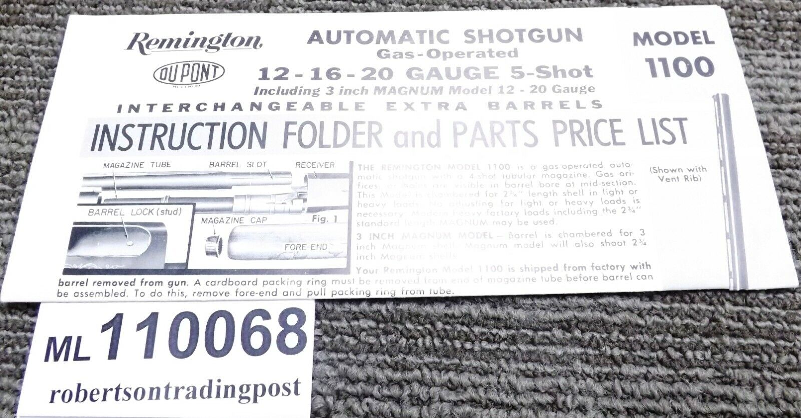 1968 Factory Remington Instruction Folder Owners Manual for 1100 Shotgun Exc