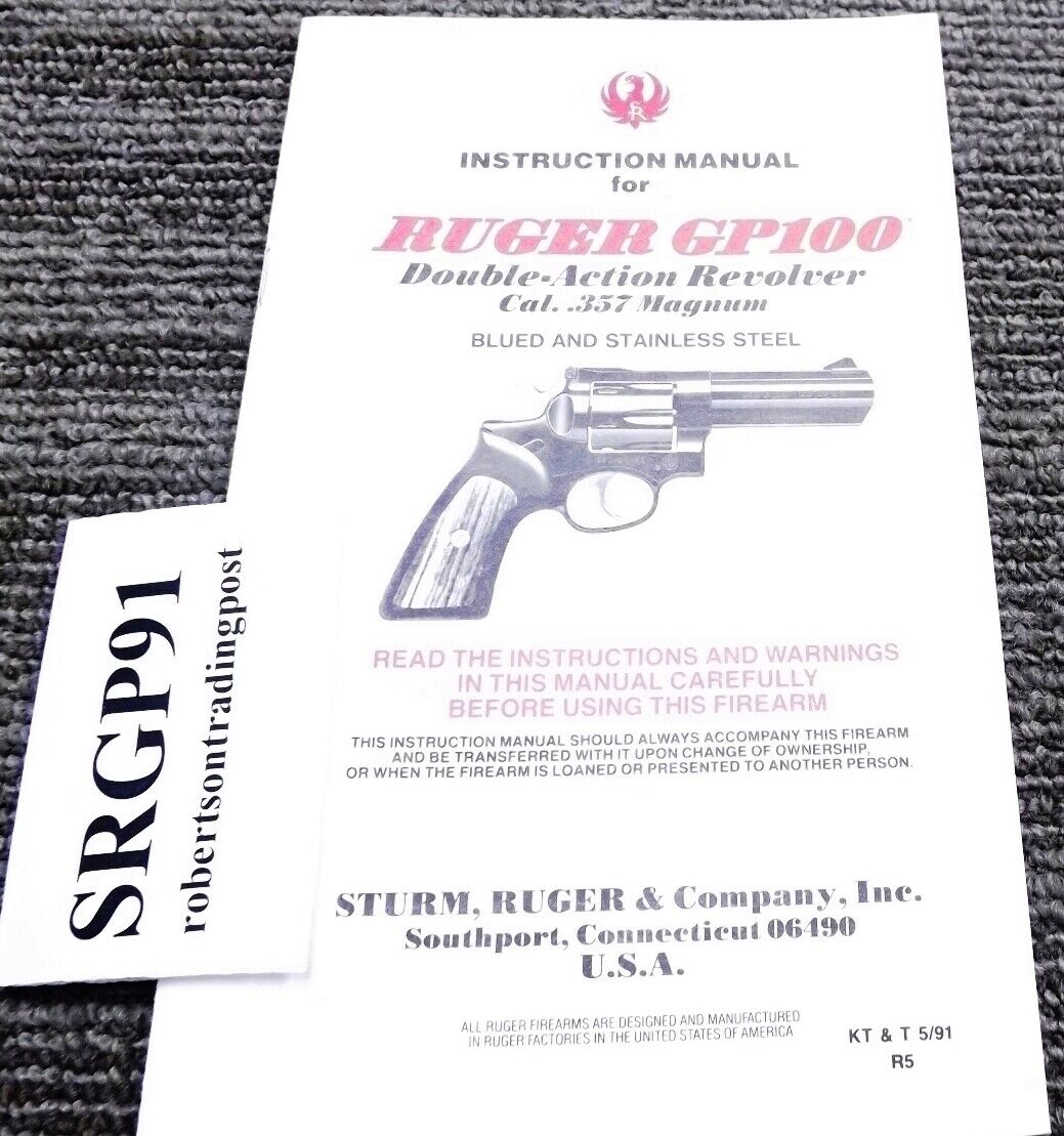 1991 Ruger Factory Instruction Manual for GP100 Revolvers Aged Exc 6th Year