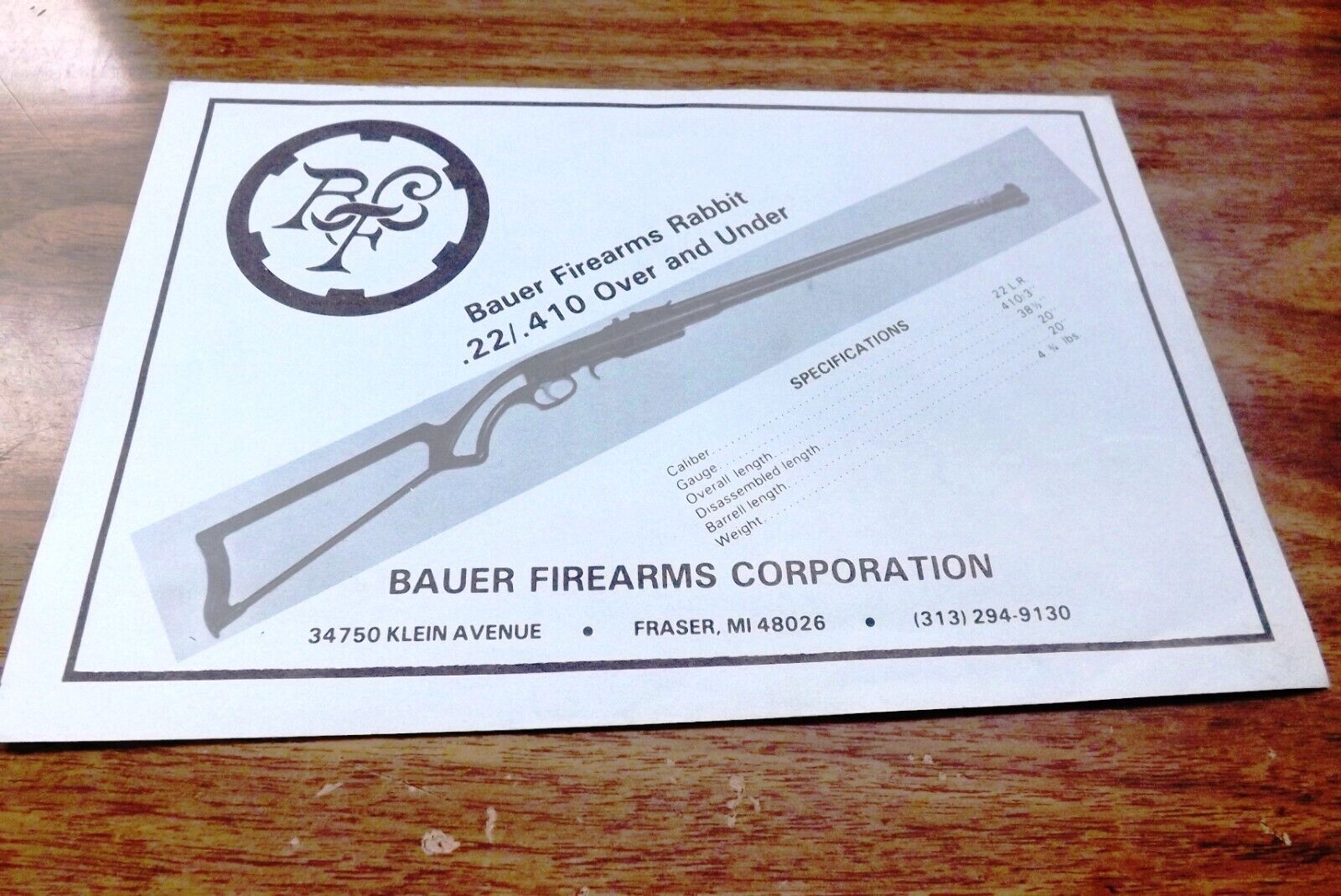 Bauer Factory Owners Manual Warranty Registration for Rabbit Shotgun 1982