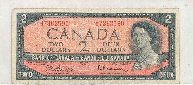 Canada $2.00 Note 1954 Ottawa estimated Very Fine Condition $5 Ship Deux Dollars