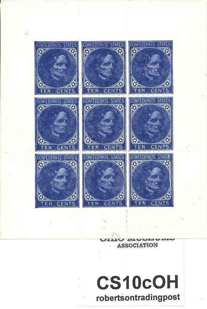 Confederate 10 Cents Postage Stamp Reprint Sheet of 9 Stamps Ohio State Museum