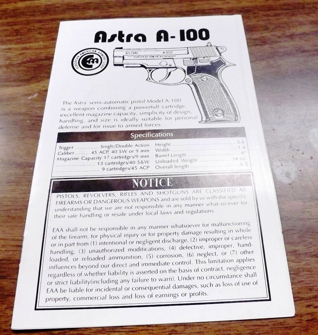 Factory Astra Instruction Manual A100 EAA B&W 8 pages incl Backing