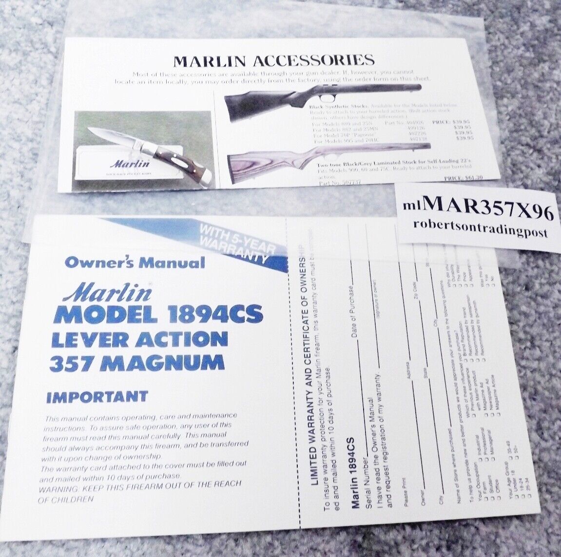 Factory Owner’s Manual for Marlin 1894S .357 Magnum Lever Action Rifle 1996