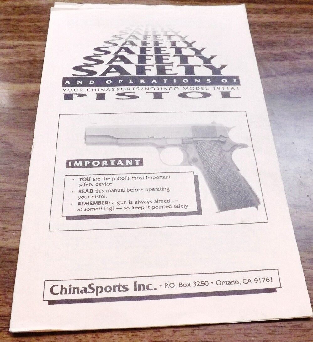 Norinco Instruction Manual for 1911A1 Pistols 1990 China Sports Ontario CA VG