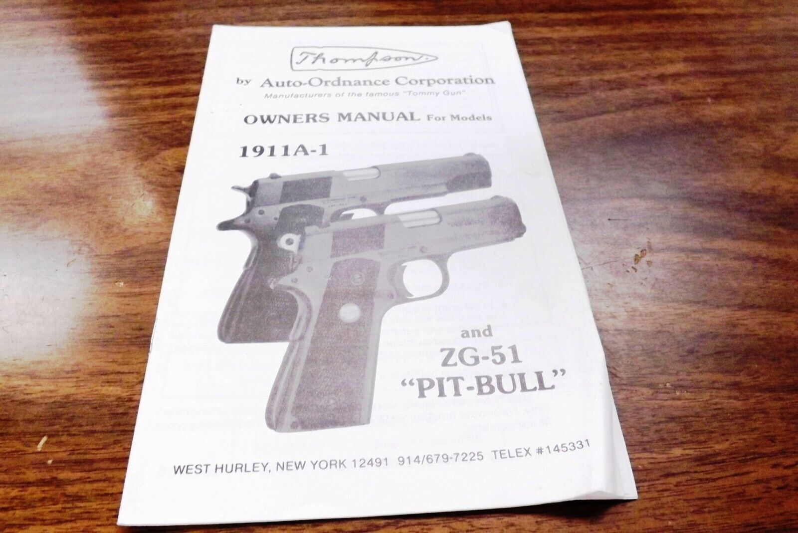 Thompson Auto Ordnance Factory Owners Manual for ZG-51 Pit Bull VG