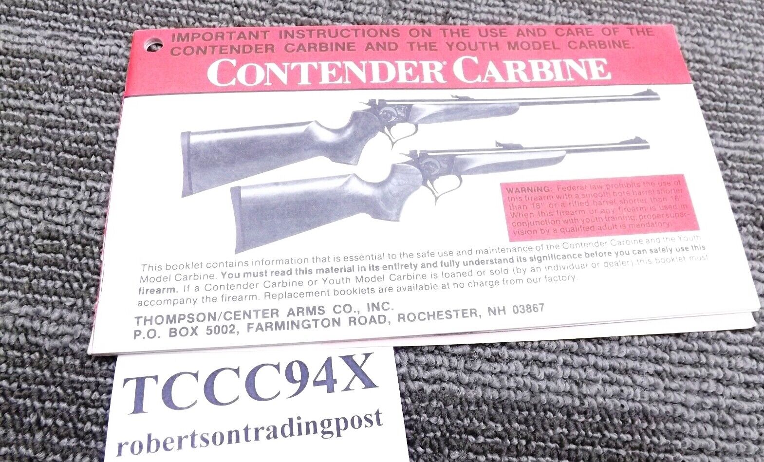 Thompson Center 1994 Contender Carbine Owners Instruction Manual w Registration