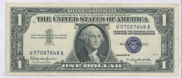 US $1.00 Note 1957-B Silver Certificate Est VF Cond with Motto Blue Serial