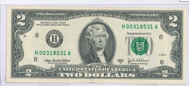 US $2.00 Note 2003-A Federal Reserve Note Declaration Signers Reverse $5 Ship