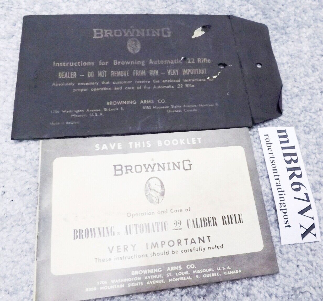 1967 Browning Factory Manual for Take Down .22 Semi Auto VG Black Envelope