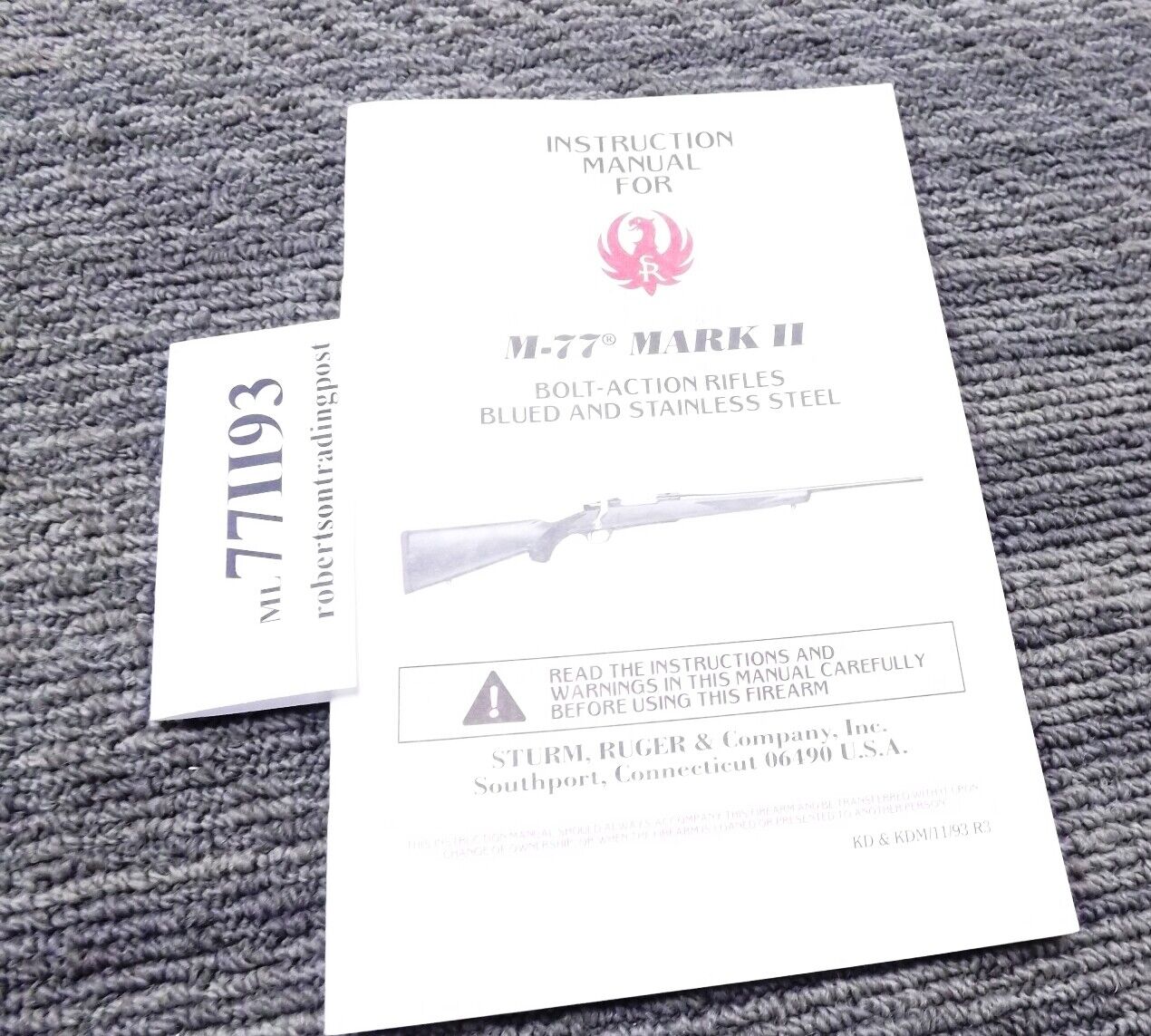 1993 Ruger Factory Instruction Manual for M77 Mark II Bolt Action Rifle Exc