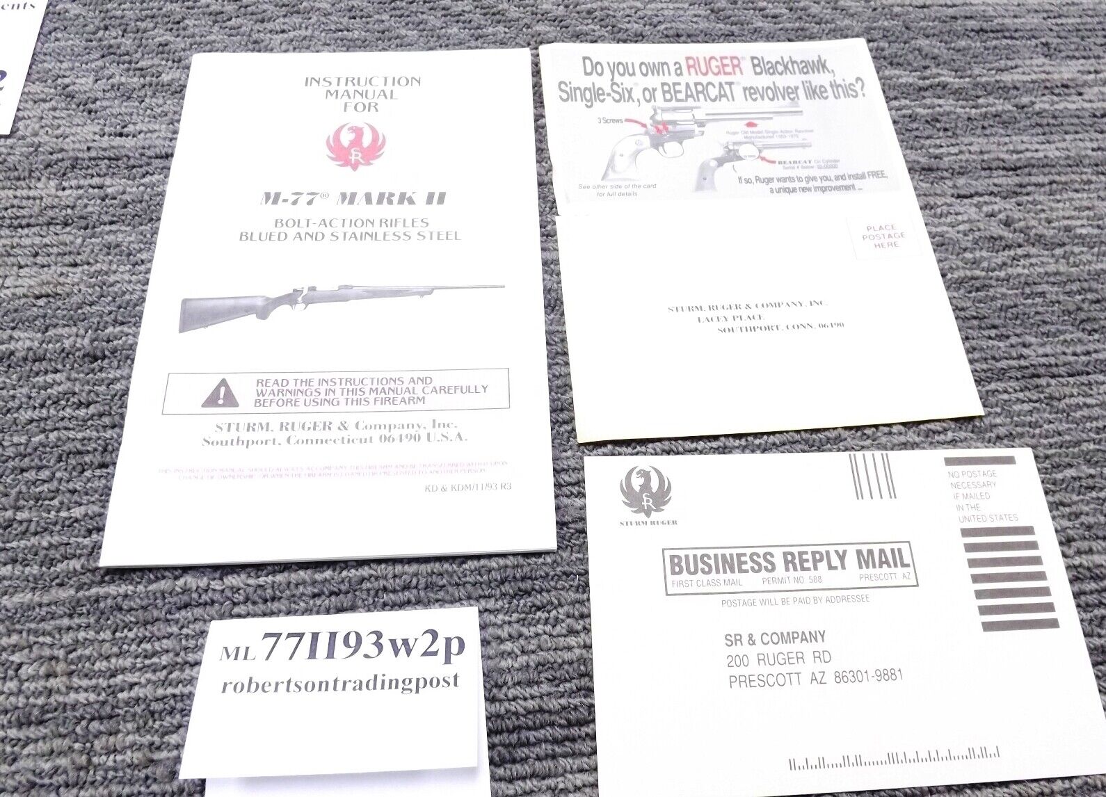 1993 Ruger Instruction Manual, Registration, Old Revolver Card for M77 Mark II