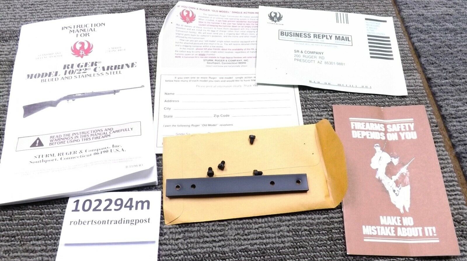 1994 Ruger Instruction Manual, Documents & Scope Mount for 10/22 Carbine 1022