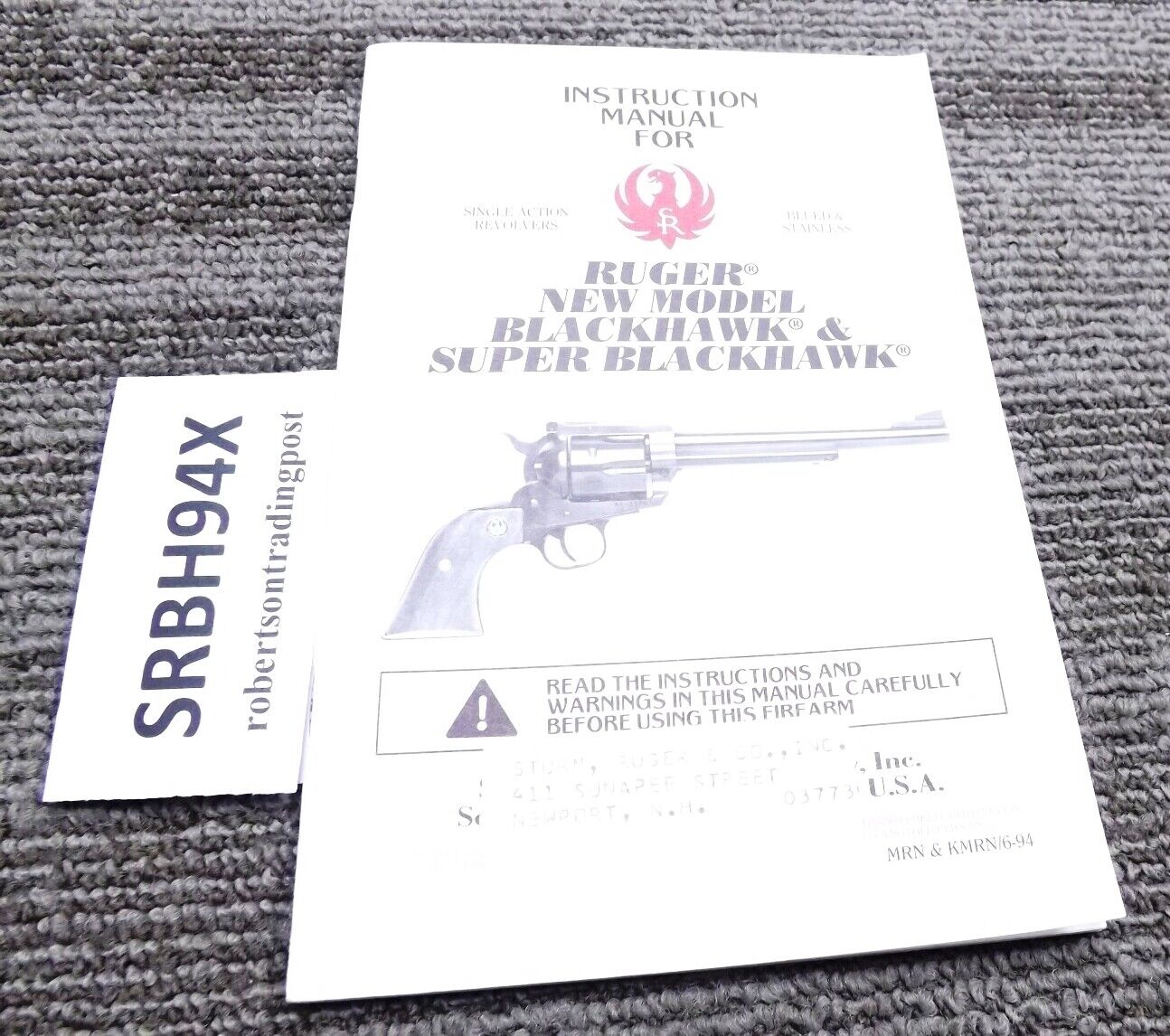 1994 Ruger Instruction Manual New Model Blackhawk, Super Blackhawk Exc 34 pg