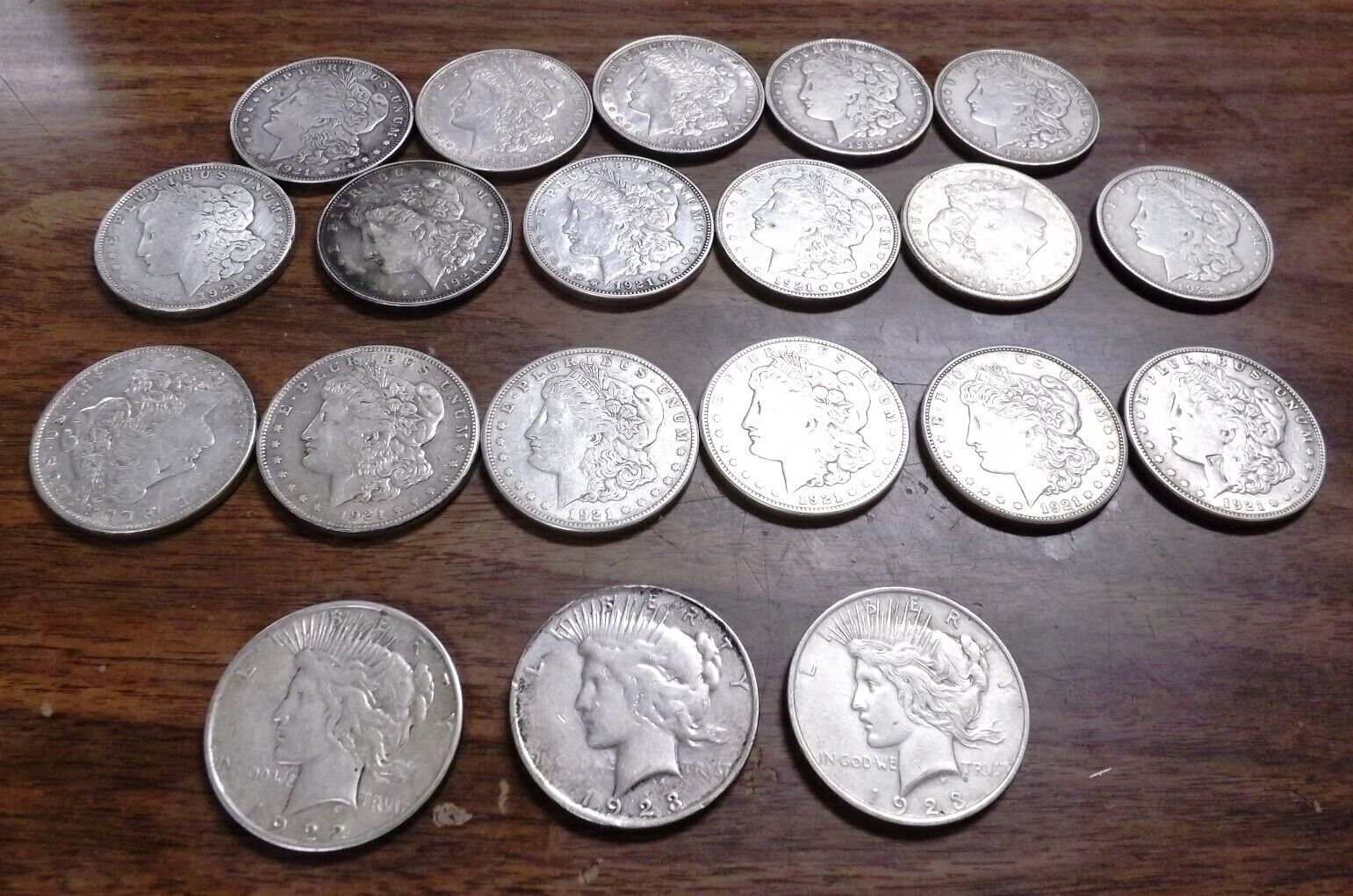 20 Coin Roll of 1921 Morgan & Peace US Silver Dollars Mixed VG-XF Free Ship