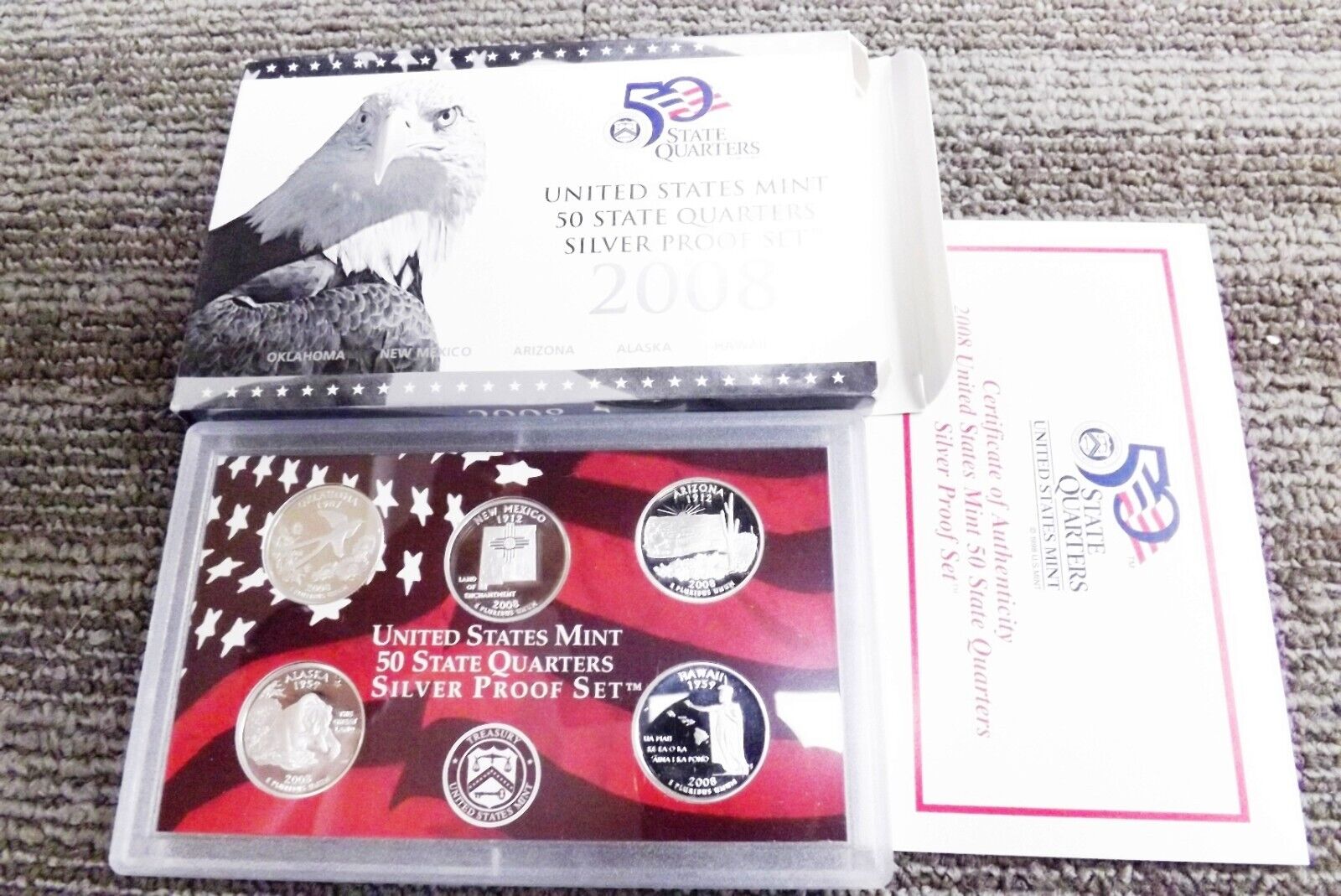 2008 Silver Proof State Quarters 5 Coins 90% Silver in Mint Case with Certificat