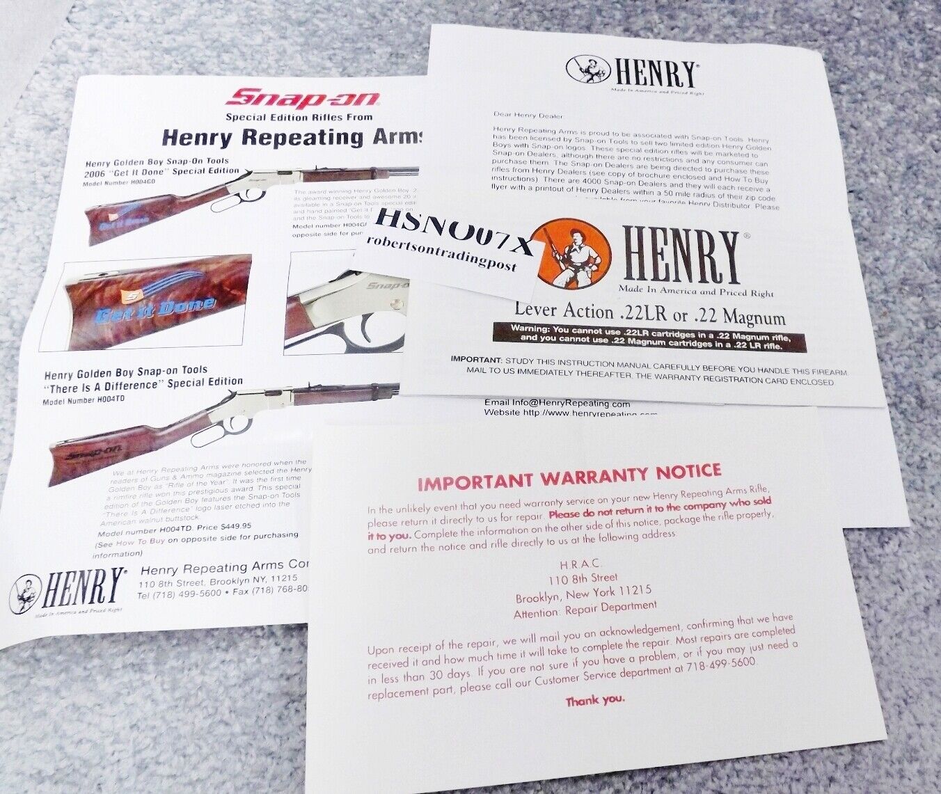 Henry Repeating Arms H004 Snap On 2007 Special Edition Manual Card Letter Flyer