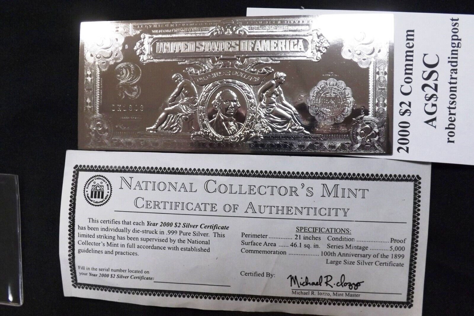 National Collectors Mint $2 Silver Certificate 7.44 grams .999 with COA 1899 Com