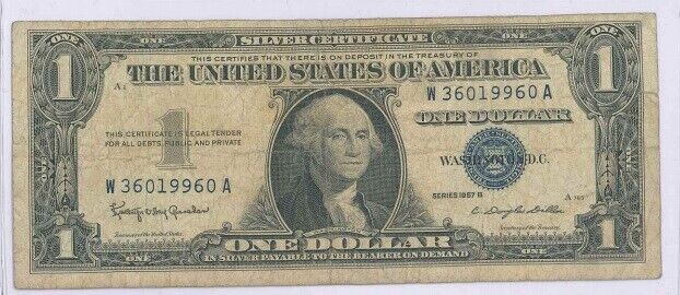 US $1.00 Note 1957-B Silver Certificate Est VF Cond with Motto Blue Serial