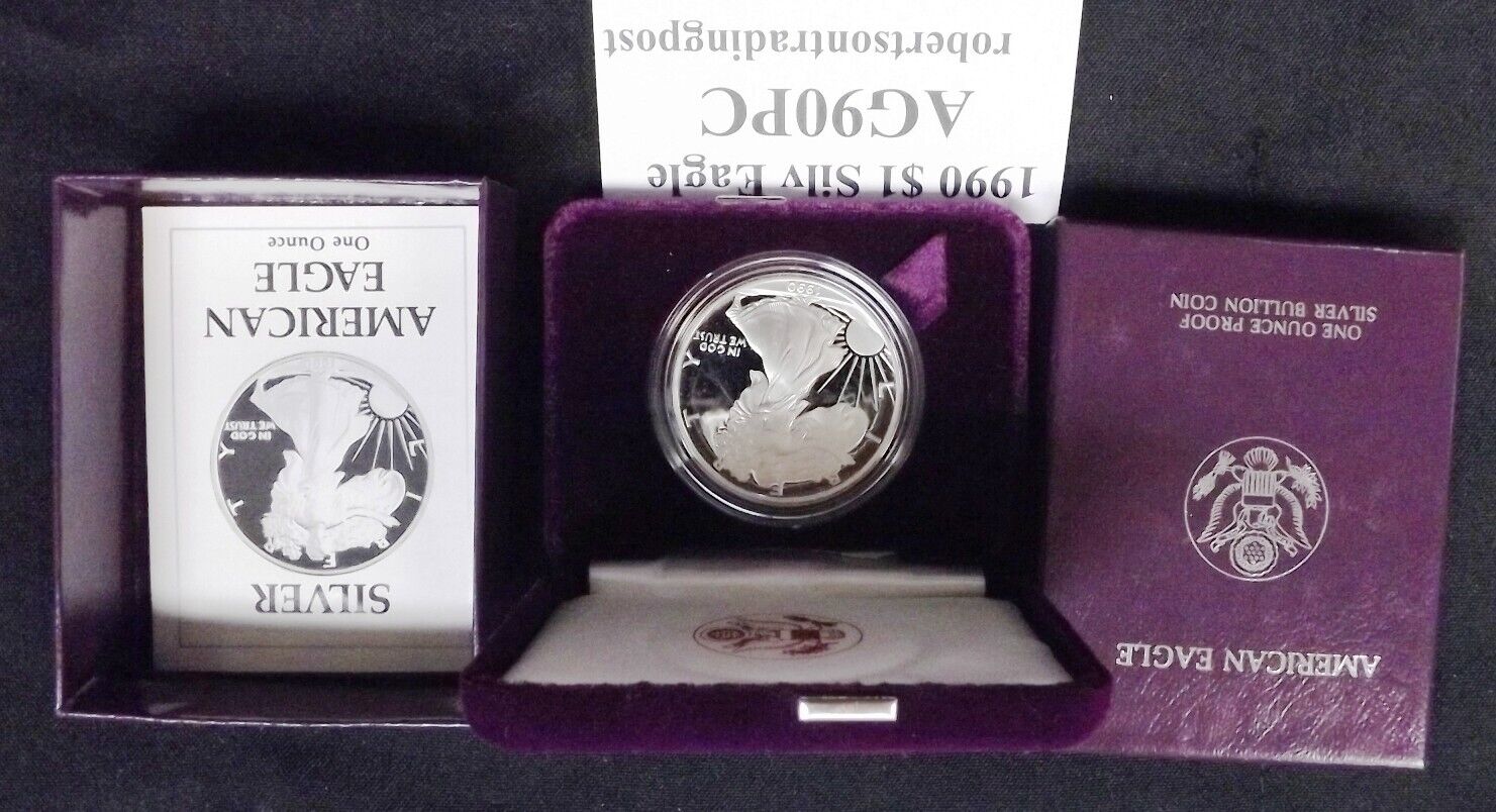 US 1990-S $1 Silver Eagle Proof with Original Case Certificate of Authenticity