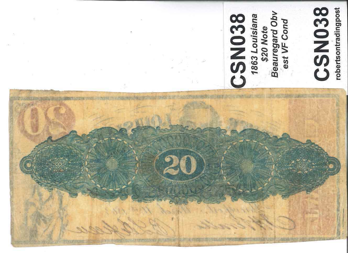 1863 Louisiana $20 Note Very Fine with P.G.T. Beauregard Obverse Confederate