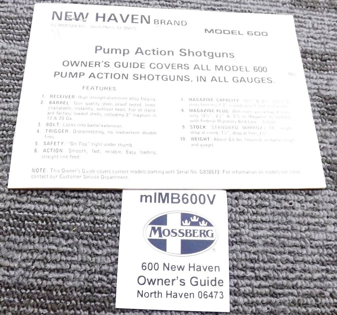 1980 Mossberg New Haven 600 Pump Shotgun Owners Guide Instruction Manual VG