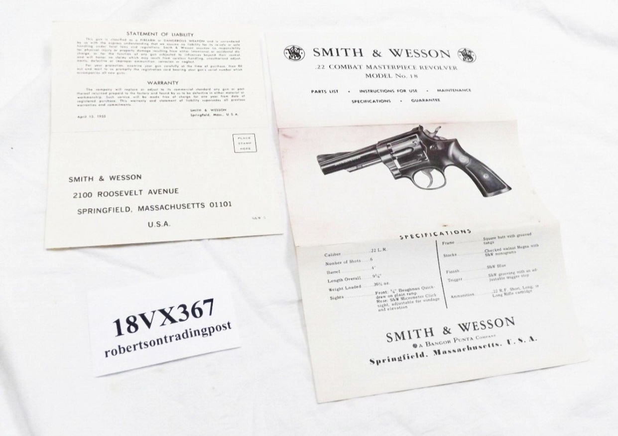 1967 Smith & Wesson Model 18 Instructions for Use Owners Manual, Warranty Card