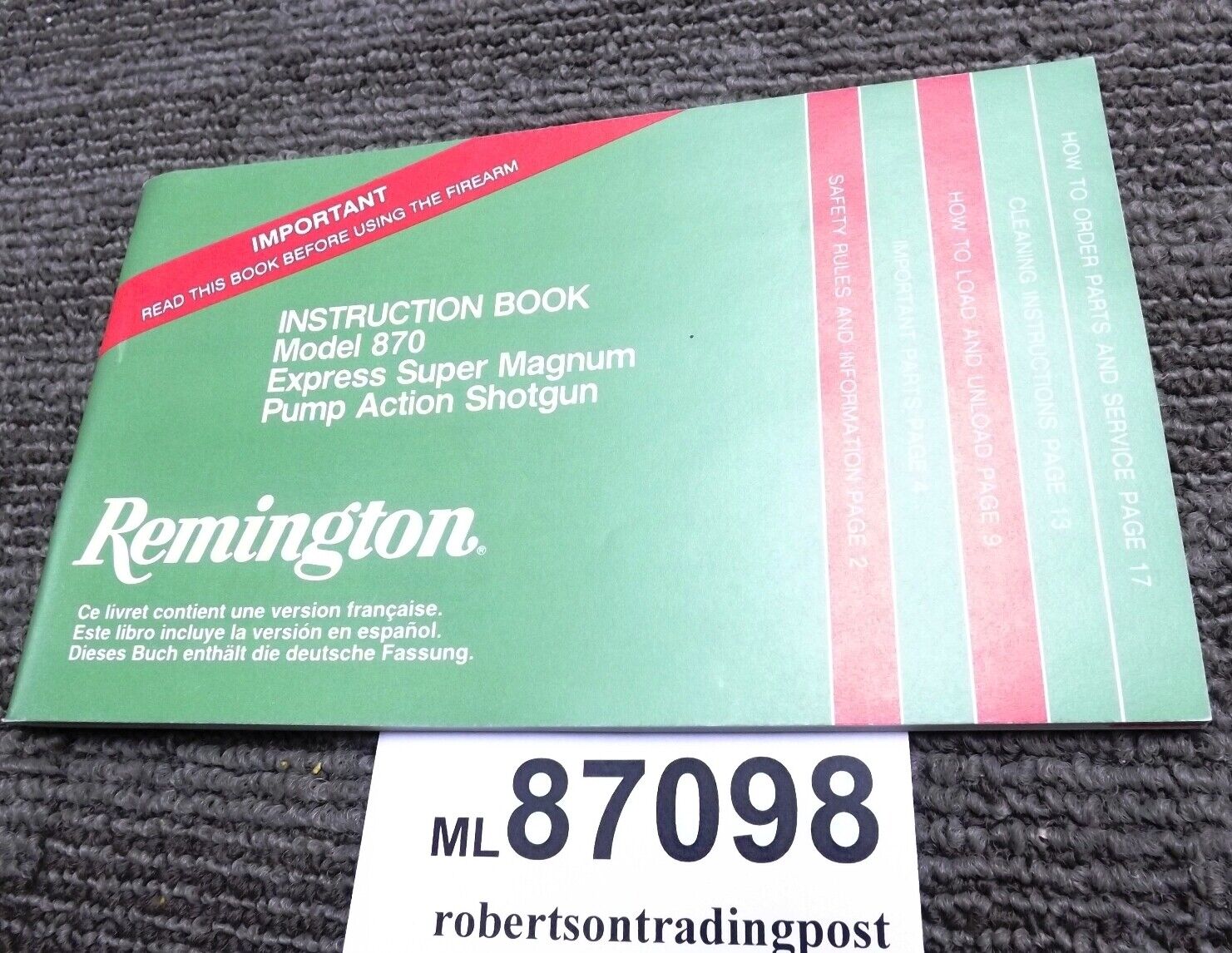 1998 Remington Instruction Book Owners Manual for 870 Super Mag 4 Language