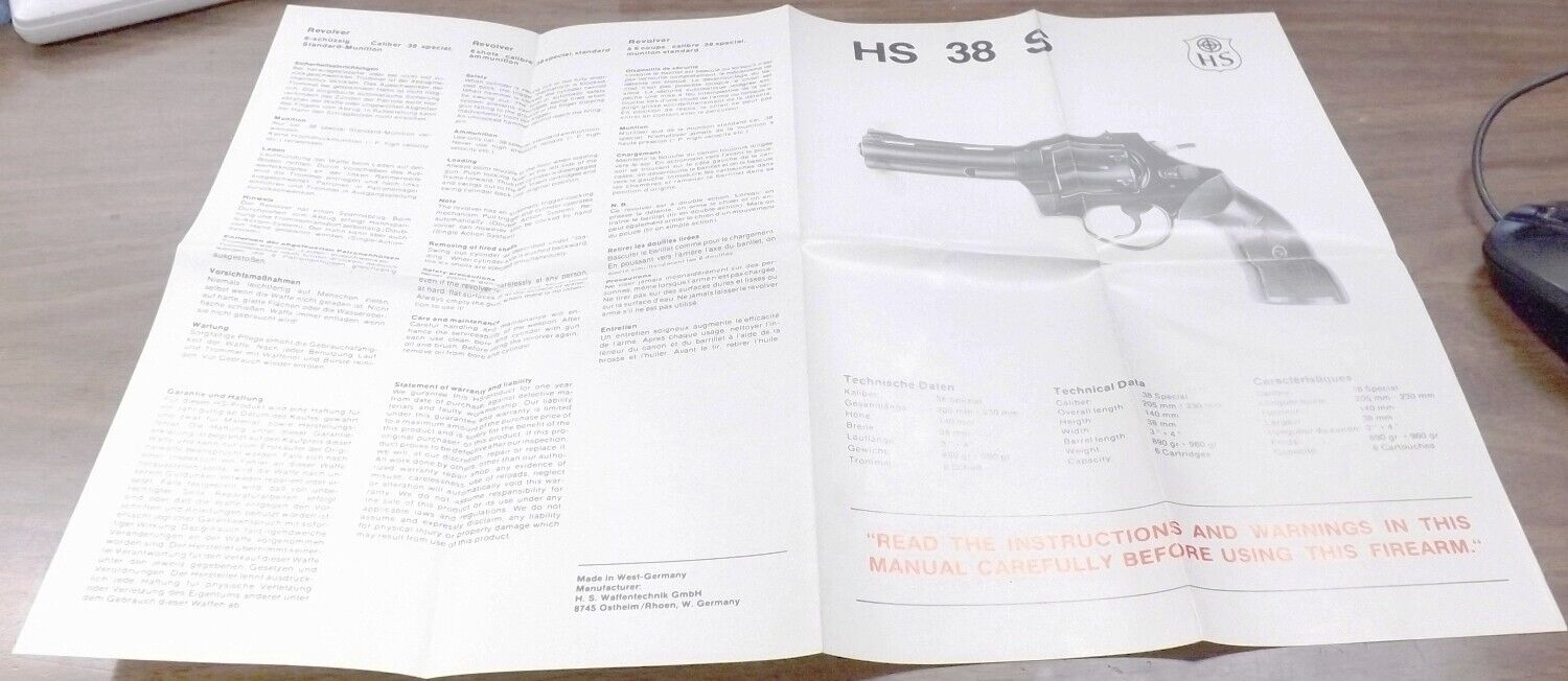 Factory HS 38S H. Schmidt Revolver Manual ca 1965 Exc 1 Page Quad Folded B W R