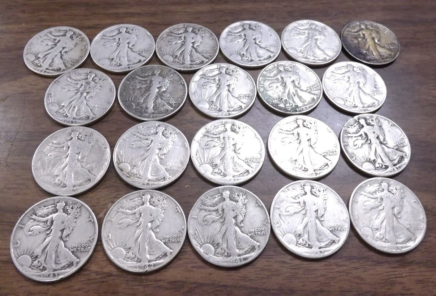 G-VF Baker’s Roll Collection of 21 Walking Liberty Half Dollars 1941-45 90% Silver