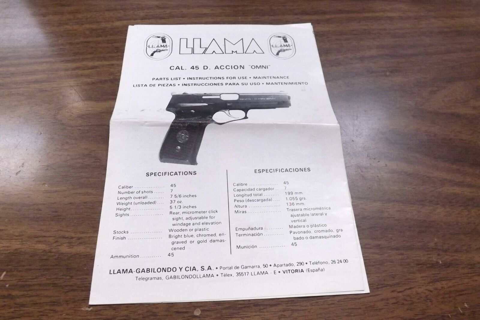 Llama Omni .45 ACP Pistol Instruction Manual VG-Exc Vitoria 1982