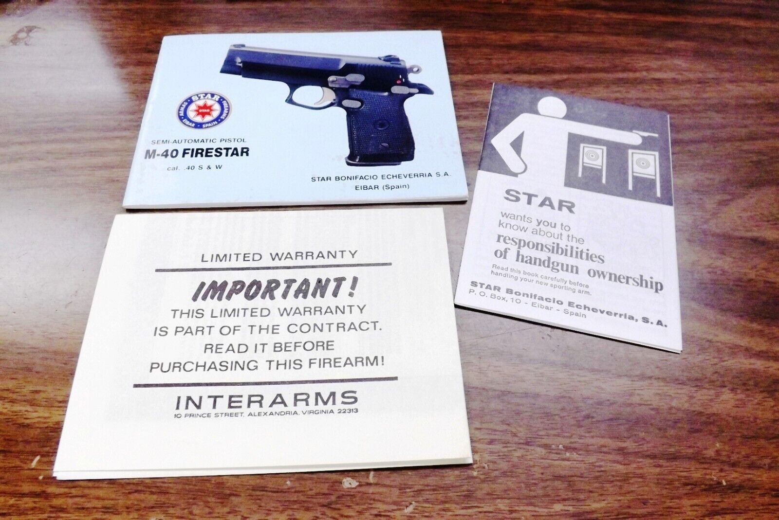 Star Interarms M40 Firestar Factory Owners Instruction Manual, Safety, Warranty