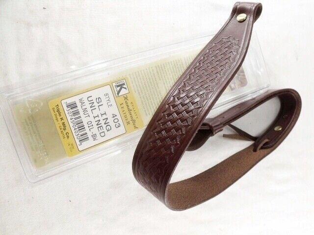 Triple K Leather Engraved Rifle Sling Brown Basketweave 4030 Walnut Oil Finish