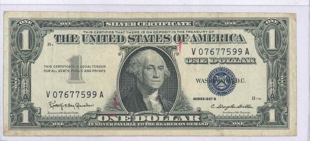 US $1.00 Note 1957-B Silver Certificate Est VF Cond with Motto Blue Serial