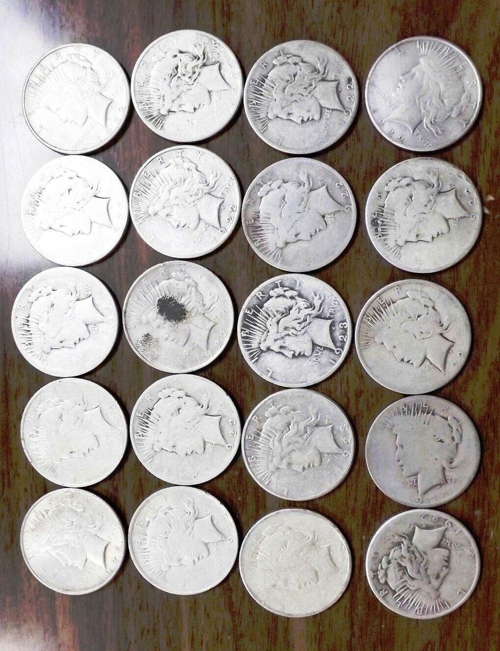 VG Roll of 20 Silver Peace Dollars 1922 1923 1924 Free Ship 526.82 grams