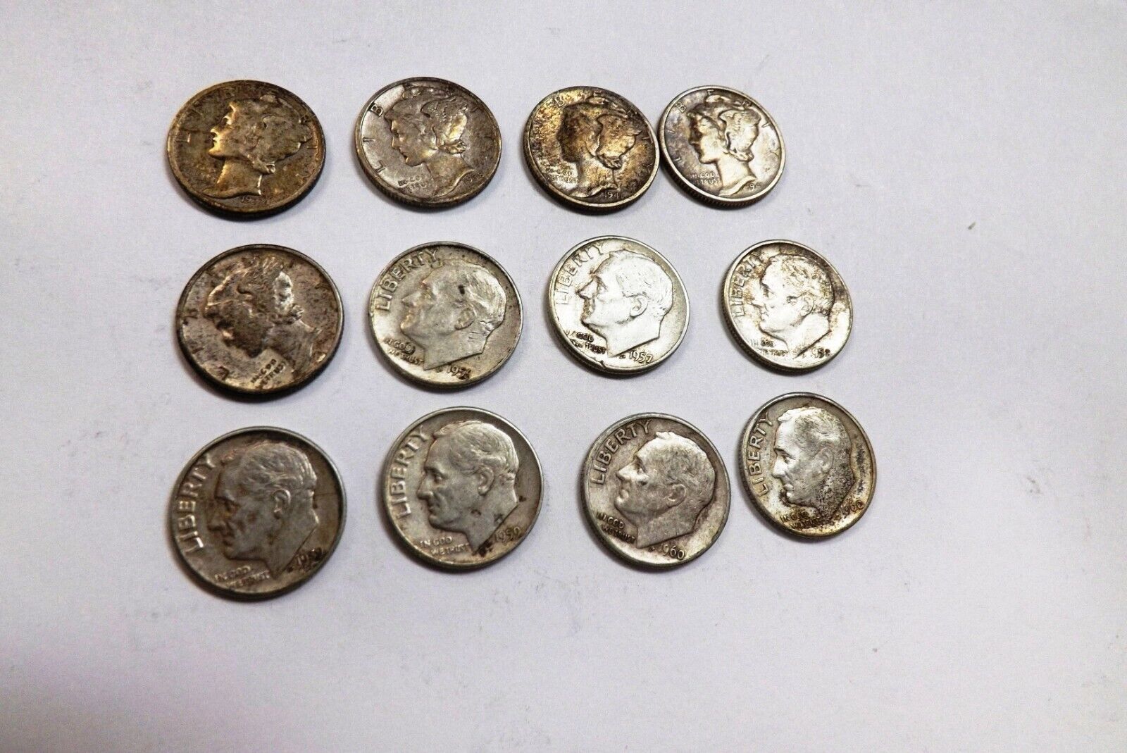 19 Silver Mercury & Roosevelts Dimes 1937-1964 est VG to VF $2.50 each Free Ship