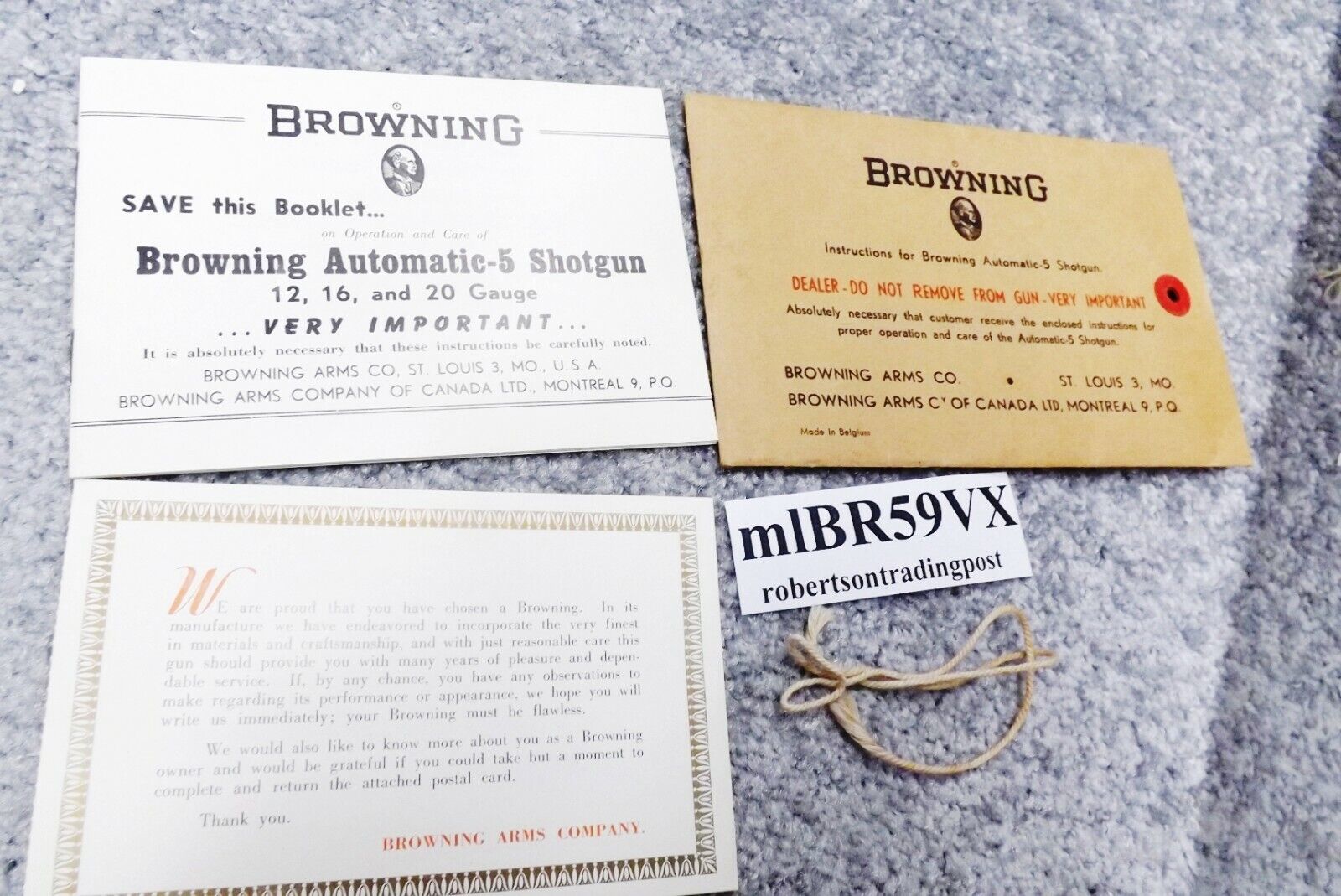 1959 Browning Factory Manual for A5 Auto Five Light 12 Tan Envelope, Reg Card