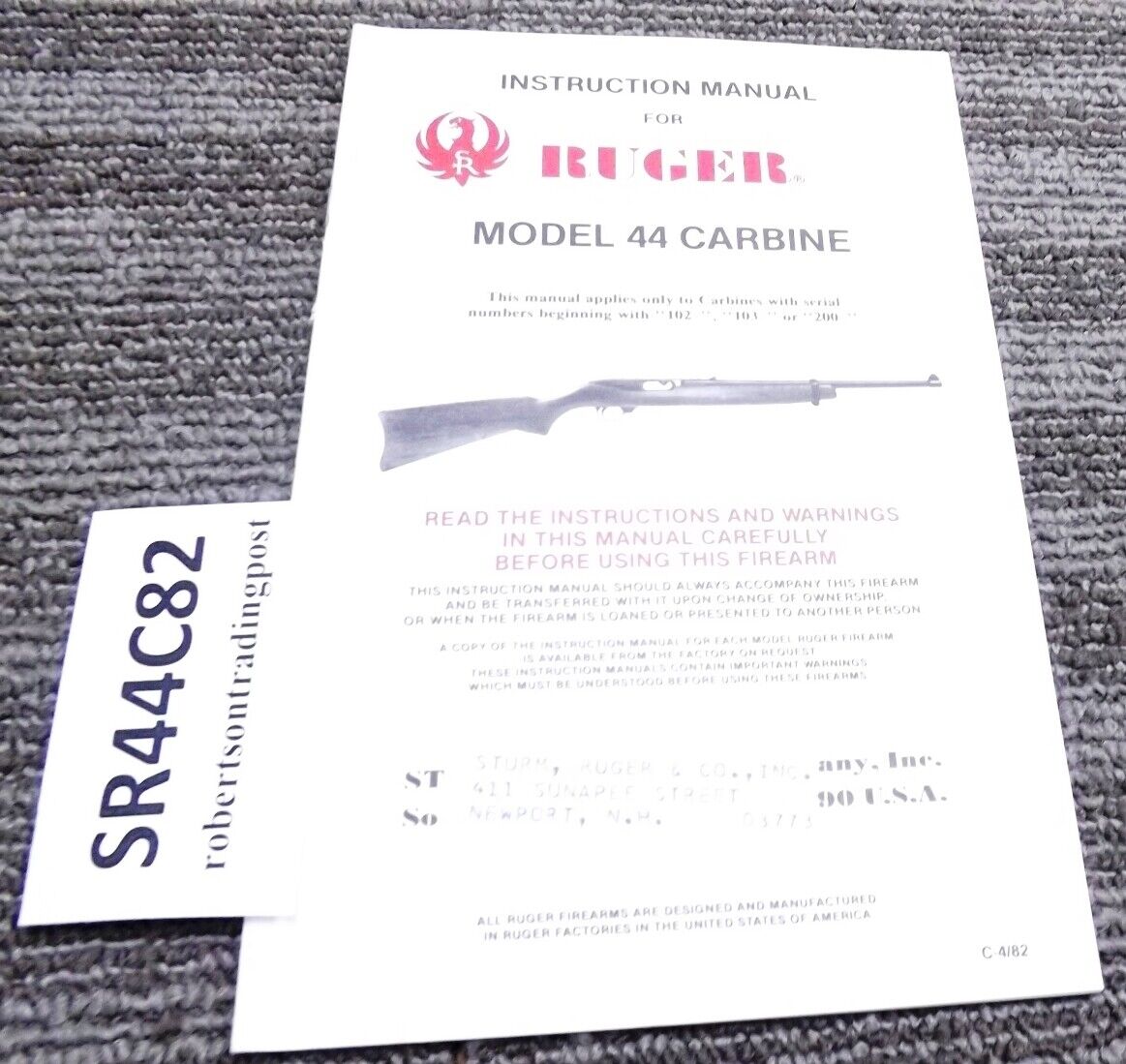 1982 Ruger Instruction Manual for Ruger .44 Magnum Carbine Exc Aged 8 Pg B&W