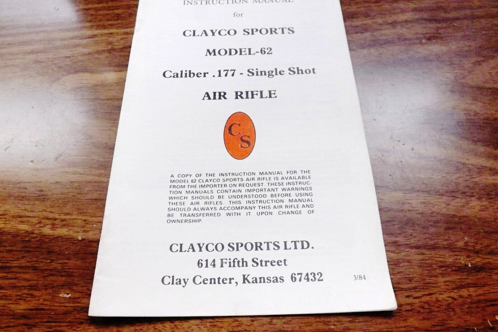 1984 Factory Manual for Clayco Sports model 62 .177 China Made Air Rifles