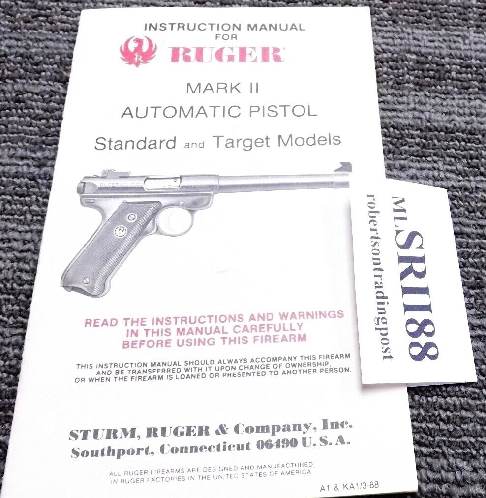 1988 Ruger Mark II Standard or Target Pistol Instruction Manual Excellent Aged