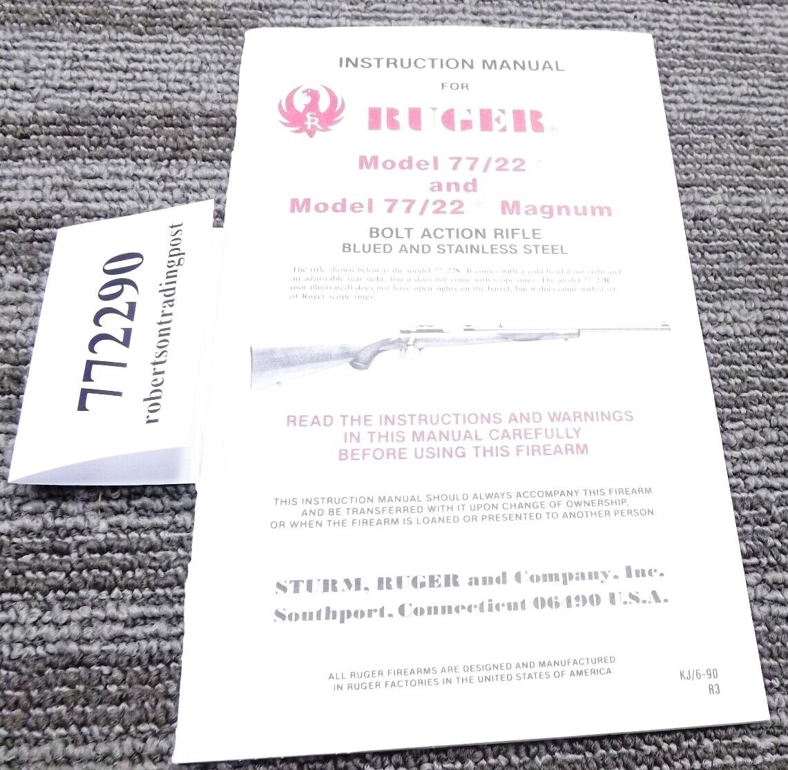 1990 Ruger Factory 9th Year Instruction Manual for 77/22 7722 Bolt Action Rifle