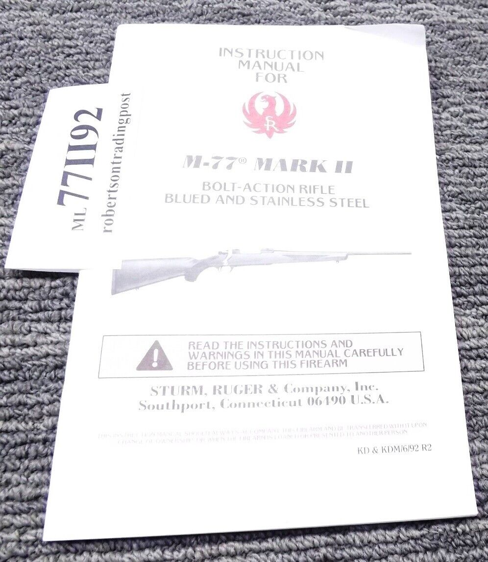 1992 Ruger Factory Instruction Manual for M77 Mark II Bolt Action Rifle Exc