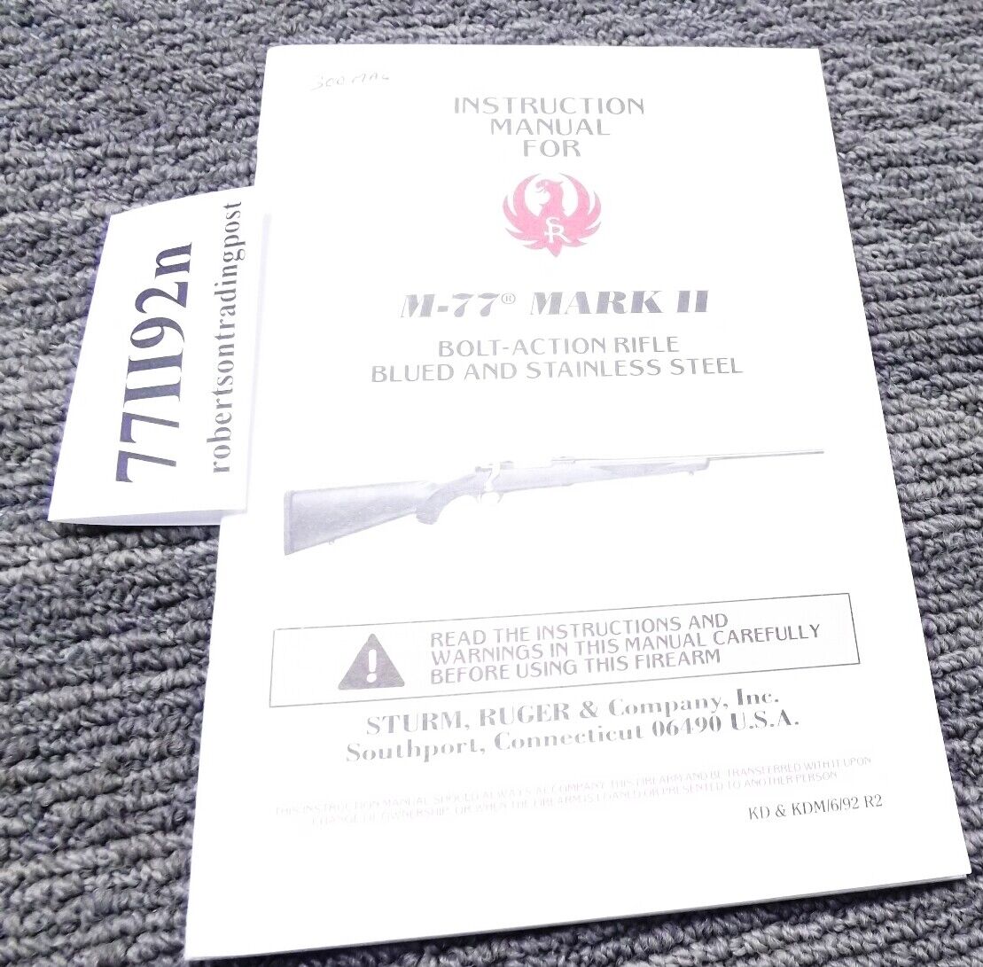 1992 Ruger Factory Instruction Manual for M77 Mark II Bolt Action Rifle VG-Exc