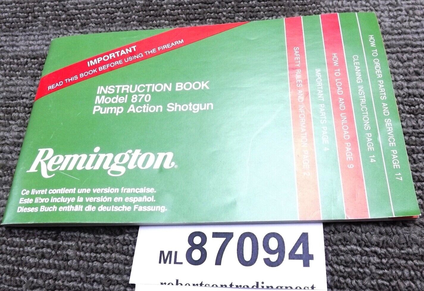 1994 Remington Instruction Book Owners Manual for 870 Shotguns 4 Language