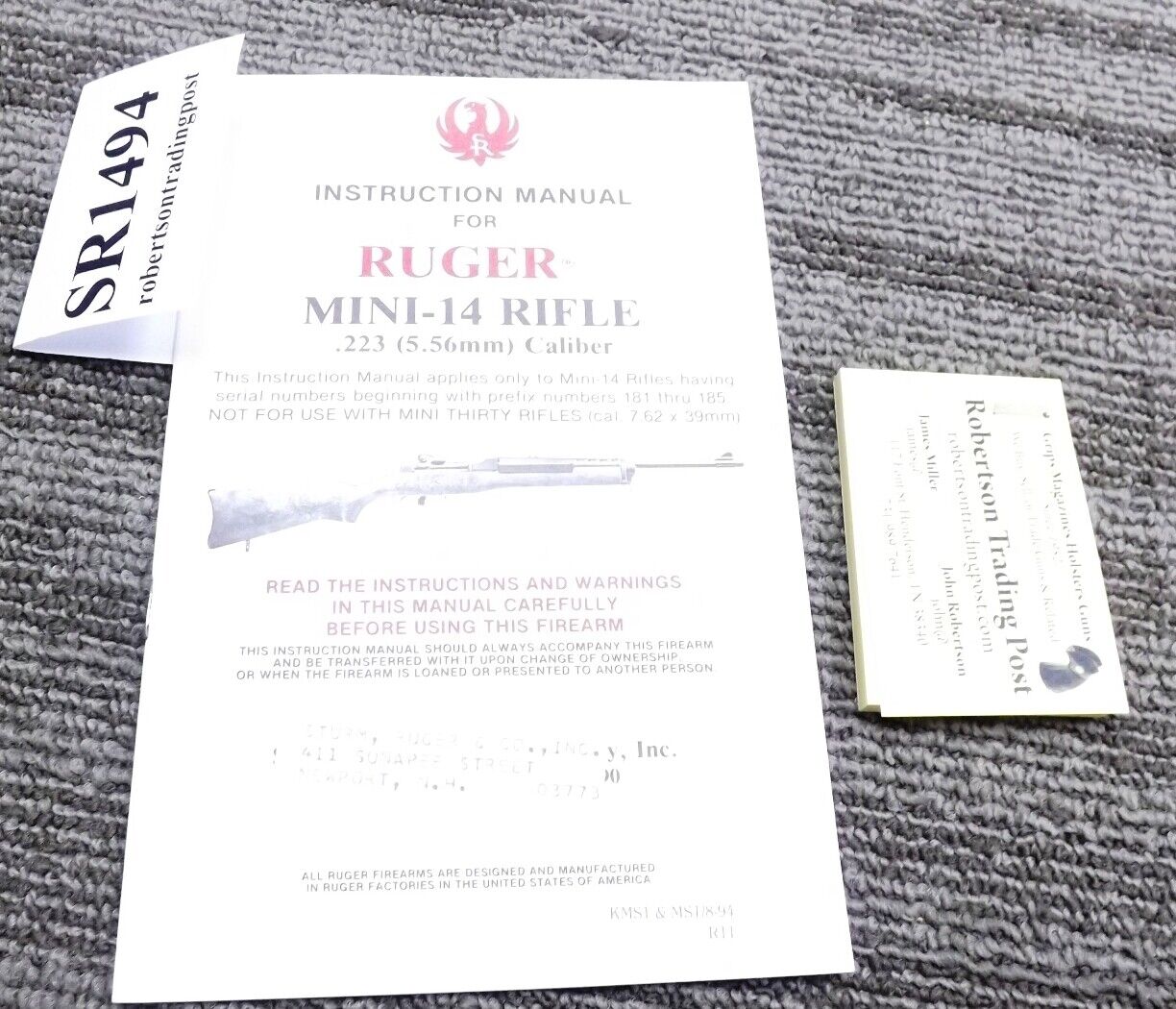 1994 Ruger Factory Instruction Manual Mini 14 Newport Overlabel Excellent Cond