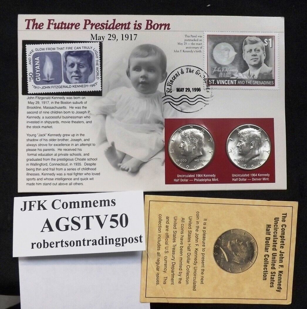 1996 Grenadines Kennedy Commemorative Set Stamps with 2 1964 Halves COA