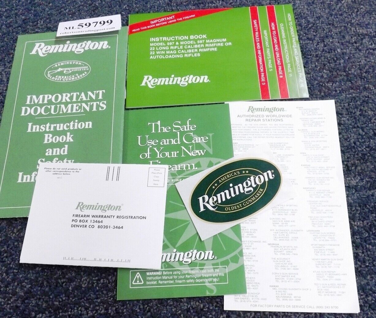 1999 Remington Factory Owner’s Manual & Papers for 597 Rifles 6 Docs LSS Parent